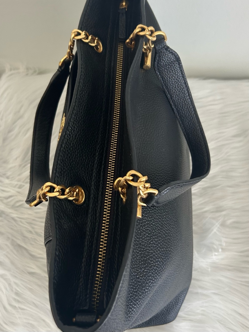 Tory Burch Black Pebbled Leather Chain Tote Shoulder Bag Large everyday purse - Picture 8 of 11